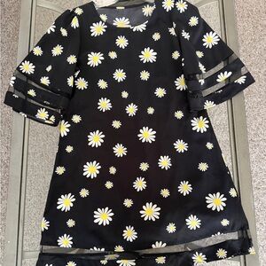 Women’s Navy Daisy Print Dress with Sheer Trim